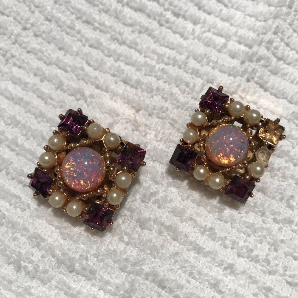 Elegant Gold, Pearl, Purple and opulent Opal like stone clip-on earrings.